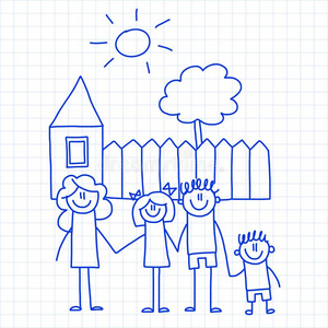 幸福的家庭和小的孩子们和房屋小孩绘画矢量我照片