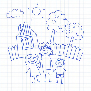 幸福的家庭和小的孩子们和房屋小孩绘画矢量我照片