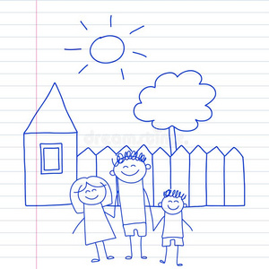 幸福的家庭和小的孩子们和房屋小孩绘画矢量我照片
