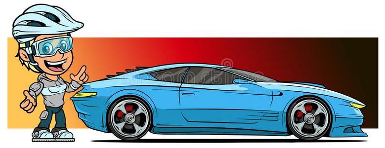 漫画女孩性格和现代的蓝色运动汽车照片