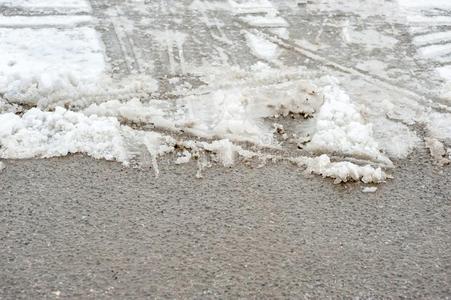 危险的和狡猾的沥青路大量的和融化雪采用照片