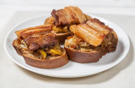 炖关于猪肉肚子和苹果,洋葱和食糖.aeblefl0107slovakia斯洛伐克.