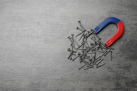 铁钉子磁铁吸引钉子向灰色的背景照片