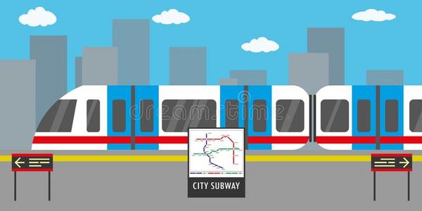 地铁车站,现代的火车向城市背景插画