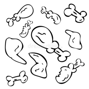 手绘画草图鸡腿,翅膀和骨头,隔离的向白色的照片