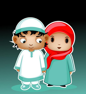 漂亮的穆斯林男孩和女孩使人疲乏的红色的穆斯林妇女戴的面纱或头巾