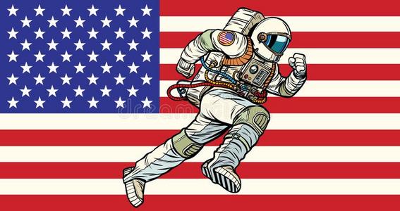 美利坚合众国旗太空中穿着太空服的宇航员.