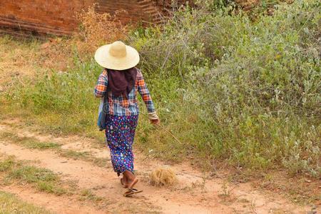 缅甸女人缅甸人女人步行赤脚的和她典型的和富有色彩的克洛照片