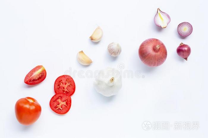 新鲜的蔬菜向白色的背景.番茄,红色的向i向,大蒜