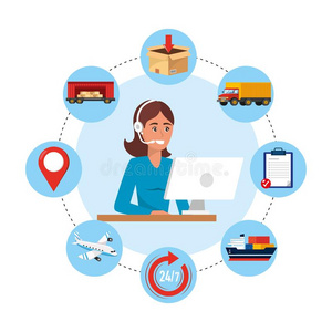 货运代理女人呼唤中心代理人和计算机和传送服务照片