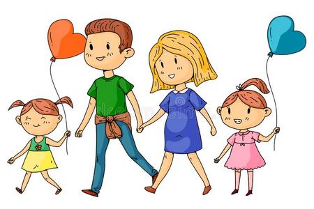 漫画家庭和怀孕的女人和小的孩子们.照片