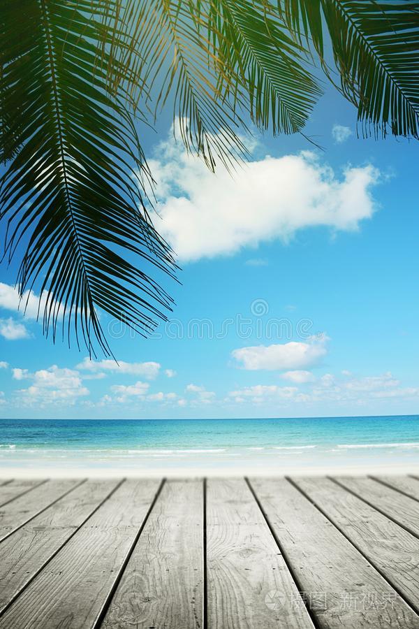 热带的海滩背景和手掌树和空的木制的,萨姆梅