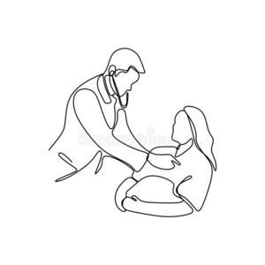 连续的线条绘画关于医生讲话和有耐性的说谎采用照片
