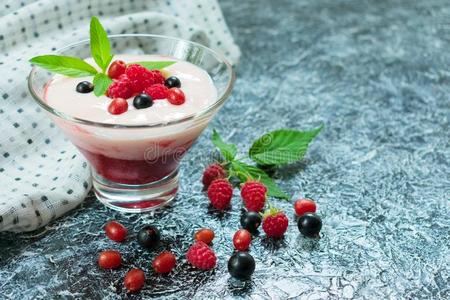 酸奶和浆果奶油冻,装饰和悬钩子和薄荷向甜的素食者奶油冻奶成果果冻