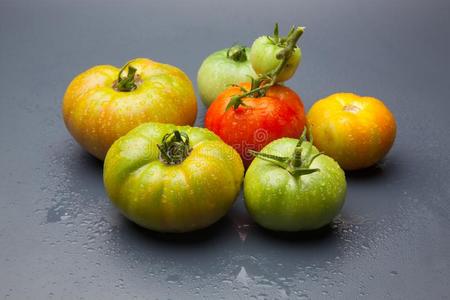 绿色的和红色的番茄,成熟过程照片