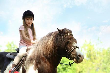 变矮翠鸟漂亮的小的女孩骑马矮种马在户外照片