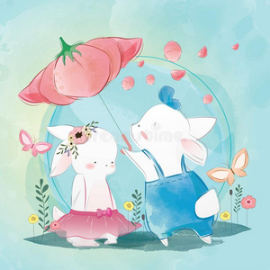 对兔子甜的对兔子在下面花雨伞照片