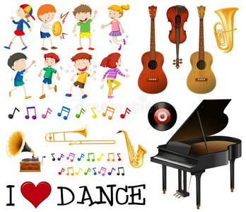 小孩跳舞的绘画音乐的仪器一群和小孩唱歌,跳舞照片