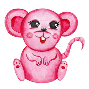 小的粉红色的漂亮的老鼠.坐.水彩绘画.照片