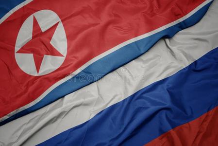 波浪状的富有色彩的旗关于俄罗斯帝国和国家的旗关于北方朝鲜照片