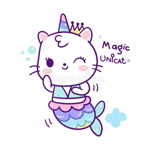 独角鱼漂亮的猫美人鱼漫画游泳采用独角兽矢量,卡哇伊animal动物照片