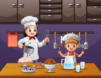 一男孩的一份他的妈妈烹饪术采用指已提到的人厨房照片