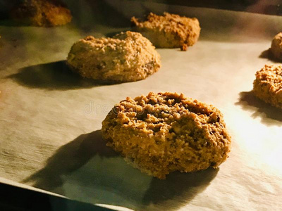 paleography古文书巧克力碎片甜饼干使和椰子和杏树面粉照片