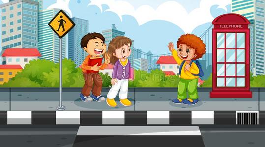 小孩采用大街地点城市大街看法和电话售货棚卡通小镇抽象的沙漠月亮夜