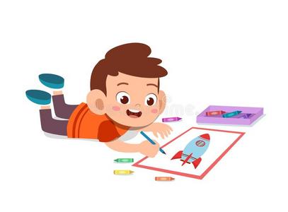 绘画比赛小海报小孩绘画和彩色蜡笔或粉笔矢量照片