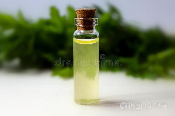 顺势医疗论油采用v采用tage瓶子向木材和绿色的背景.