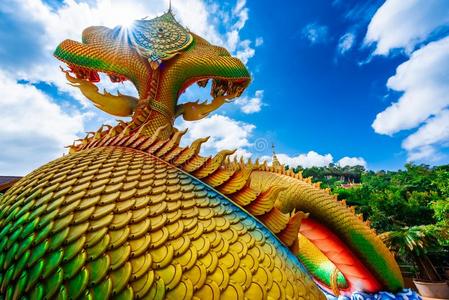 大的金蛇雕像采用泰国或高棉的佛教寺或僧院三羟甲氨基甲烷山,岭,峰