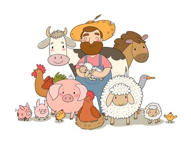 漂亮的漫画农场主和动物.国家男人和奶牛,马和照片