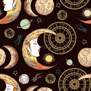 月亮面容太阳和新月.黄道带圆.照片