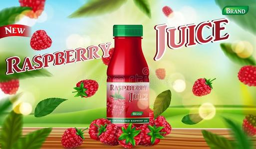 悬钩子果汁瓶子愚弄在上面和绿色的背景.成果汁照片