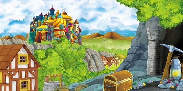 漫画地点和王国城堡和农场村民在近处它和英语字母表的第8个字母照片