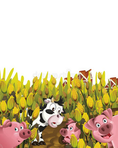 漫画地点和奶牛和猪向一f一rmh一ving乐趣向白色的b一c照片