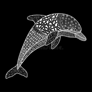 画海豚线条美丽的单色画黑的和白色的海豚和装饰的floodlight泛光照明