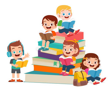 幸福的漂亮的小孩男孩和女孩阅读书同时照片