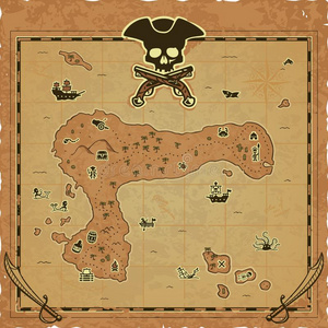 酿酒的海盗金银财宝地图和颅骨和照片
