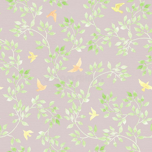 没有头脑的彩色粉笔反复的模式.树上的鸟枝剪影没有离开无缝图案背景.