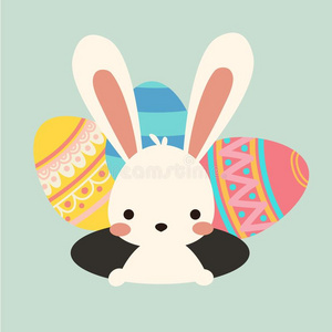 复活节贺卡矢量插图卡通兔子洞中贺卡用手绘可爱的兔子耳朵贴在洞和
