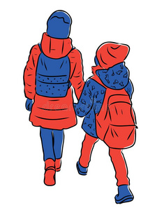 女生绘画矢量绘画关于两个小的女生步行一起大街向照片