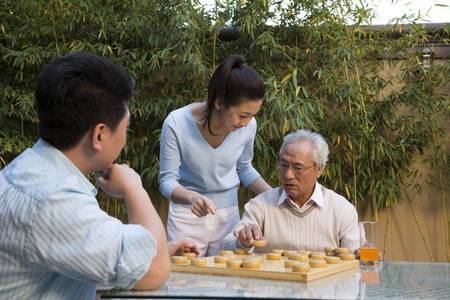 父子在院子里下棋