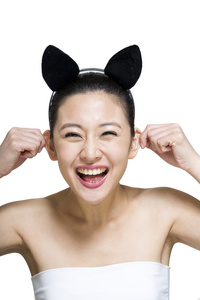 棚拍戴耳朵头饰的美女面部表情照片