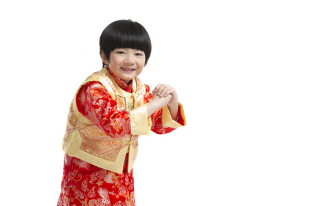 棚拍中国唐装儿童拜年照片