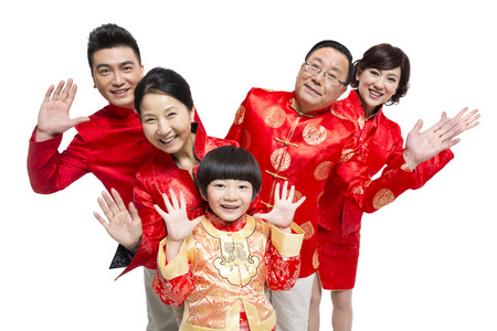 棚拍中国快乐的唐装家庭