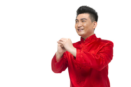 棚拍中国新年唐装男人拜年照片