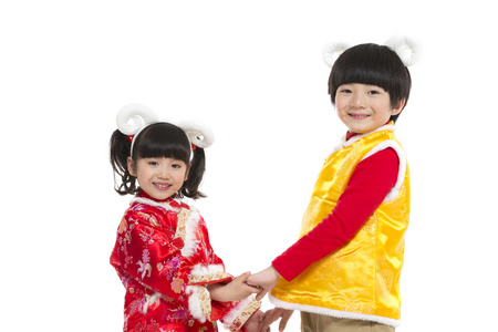 棚拍中国新年唐装儿童手拉手