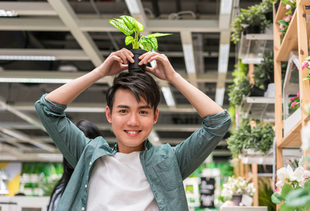 年轻男子选购装饰绿植