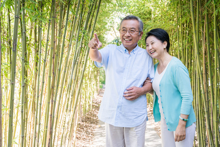 依偎老人一对老夫妻在竹林散步照片